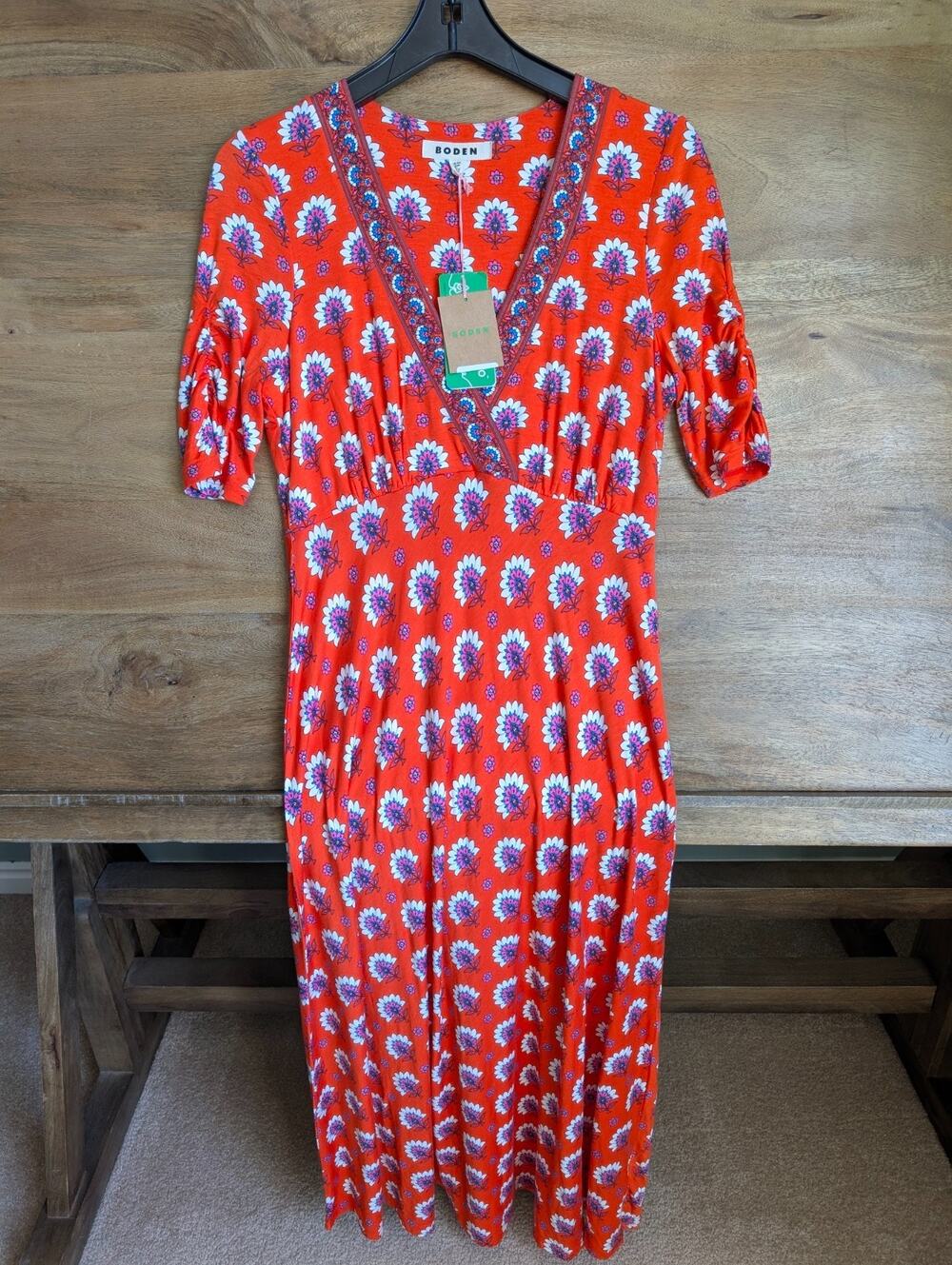 NWT Boden Jersey Maxi Tea Dress Womens 6R Red Floral Ruched Short Sleeve V-Neck